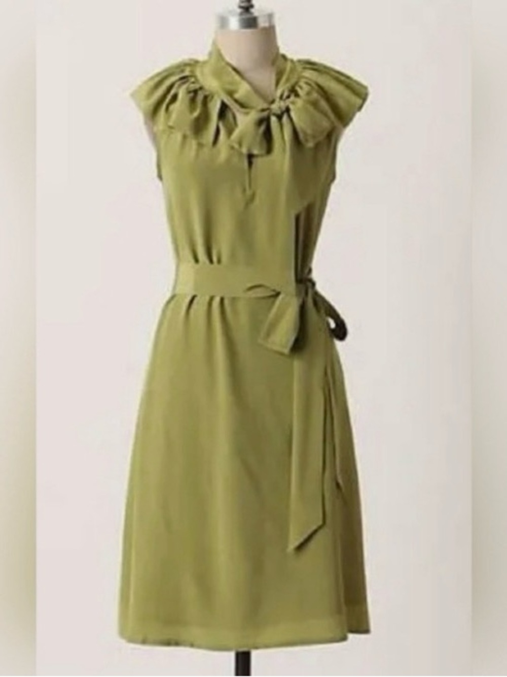 ANTHROPOLOGIE Girls From Savoy Olive Green Midi Dress with Ruffle Neck Tie 8